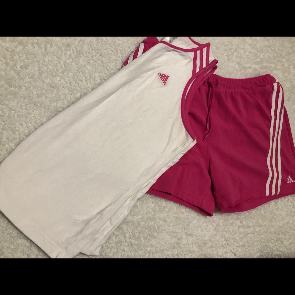 Adidas short and tank set in pink and white